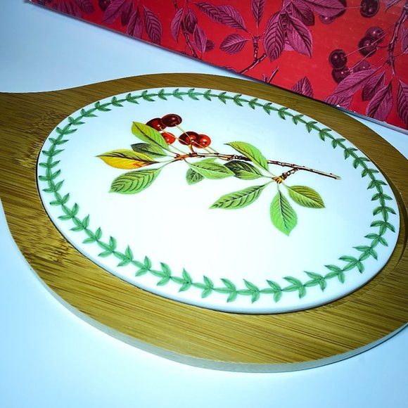 Vintage Oval Wood Board Paddle Ceramic Cheese Pate Cherries by McIntosh - Picture 2 of 3